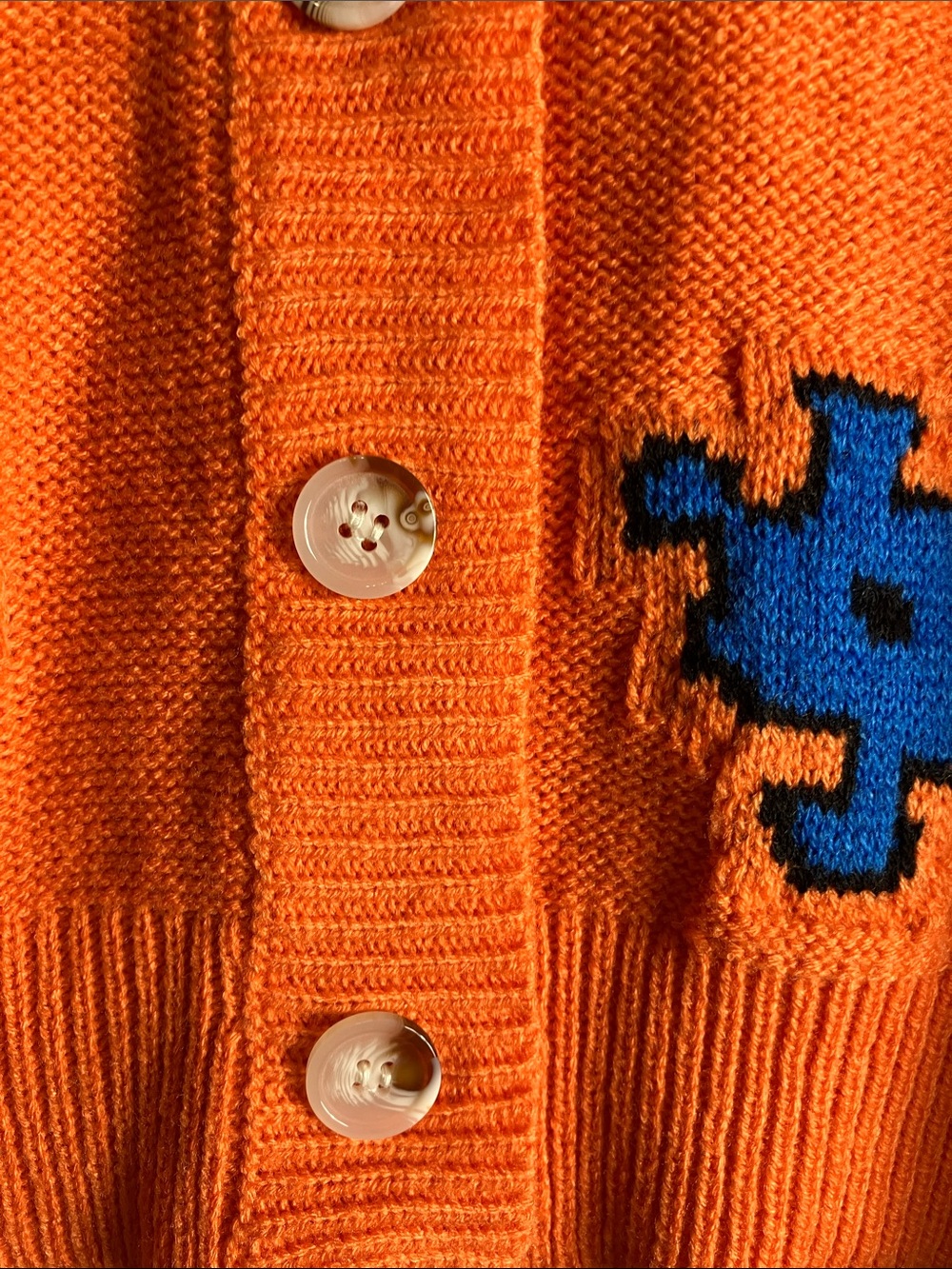 SHEIN Bright Orange V-Neck Button Front Cardigan with Multicolor Patches - Picture 7 of 8